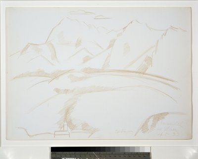 Bjerglandskab med kirketårn i forgrunden af Marsden Hartley