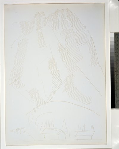 Bjerglandskab med to bygninger i forgrunden af Marsden Hartley