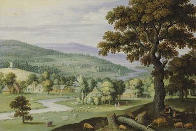 En floddal med en svinehyrde hvilende under et træ i forgrunden, en landsby bagved af Marten Ryckaert