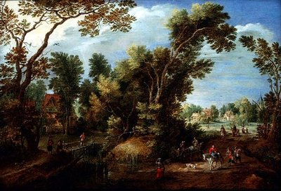 Skovklædt flodlandskab med figurer af Marten Ryckaert