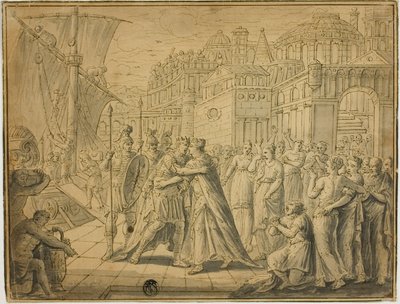 Dido og Aeneas omfavner sig foran portene til Carthage af Marten de Vos