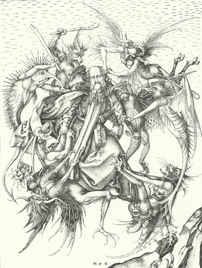Sankt Antonius fristelse (gravering) af Martin (after) Schongauer
