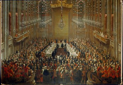 Banket i anledning af brylluppet mellem kejser Joseph II og Isabella af Parma den 06/10/1760. Med Mozart stående i orkestret af Martin (and studio) Mytens or Meytens