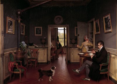 Et indvendigt billede af en spisestue i 1815 En mand i en tøffel tager sin morgenmad foran hundens øjne. Maleri af Martin Drolling (1752-1817) af Martin Drölling