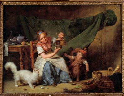 Kvinden og musen En pige holder en musefanger foran katten og en baby. Maleri af Martin Drolling (1752-1817) 1798 søn. 0,25x0,35 m Orleans. Museum for Skønne Kunster af Martin Drölling