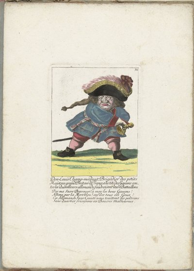 De Franse dwerg Don Luis Champ-merdant, ca. 1710 Don Luis Champ-merdant, brigadegeneral for de små mestre, storbredør i Frankrig, i spidsen for Gascons mod de tyske stridsmænd, der slår deres bataljoner ned (titel på objektet) Il Callotto genoplivet af Martin Engelbrecht (attributed to)