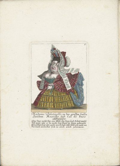 De Franse dwerg Madame Palatinelle, ca. 1710 Madame Palatinelle, motorhjelmer, mantilla og cul de Paris klædt ud i den store Galla (titel på objektet) Il Callotto resurcitato eller nyindrettet lille kabinet (serietitel) af Martin Engelbrecht (attributed to)