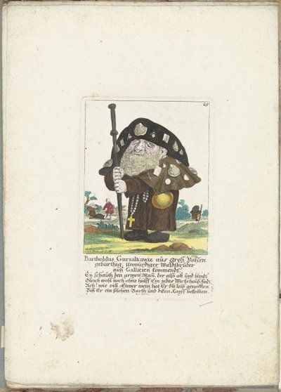 De dwerg Bartholdus Gursalkawiz som pelgrim uit Compostella, ca. 1710 Bartholdus Gursalkawiz, født i Groß Pohlen, uværdig skovbror fra Gallicia (titel på objektet) Il Callotto resurcitato eller nyindrettet lille kabinet (serie af Martin Engelbrecht (attributed to)