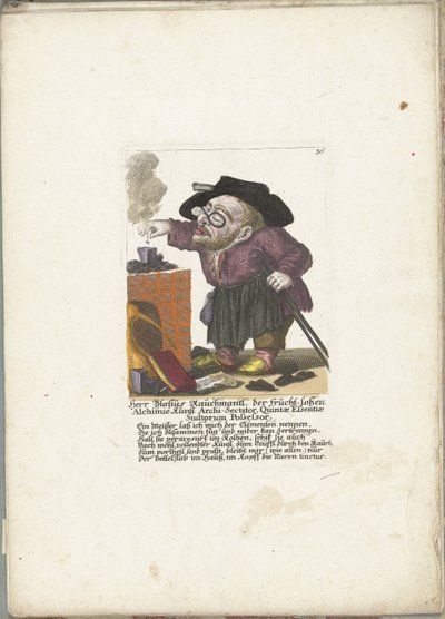 De werg Blasius Rauchmantl som alkymist, ca. 1710 Herr Blasius Rauchmantl, der frucht-loßen Alchimie kunst Ærkesekterisk, besidder af fjolsets femte essens (titel på objektet) Il Callotto resurcitato oder Neu eingrichtes Zwerchen Cabinet (serie ti af Martin Engelbrecht (attributed to)