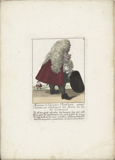 Fra dwerg Chevalier Rondeau als een parlamentslid, ca. 1710 Monsieur le Chevalier Rondeau, stortaler i de stummes parlament, i ceremoniel kjole (titel på objektet) Il Callotto resurcitato oder Neu eingerichtes Zwerchen Cabinet (serietitel) af Martin Engelbrecht (attributed to)