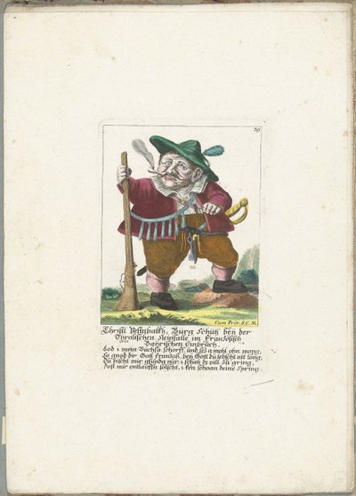De dwerg Christl Vestnbalkh, ca. 1710 Christl Vestnbalkh, Bürg Schütz nær den tyrolske stenfælde i det franske Bayrian-indbrud (titel på objektet) Il Callotto resurcitato eller nyindrettet lille kabinet (serietitel) af Martin Engelbrecht (attributed to)