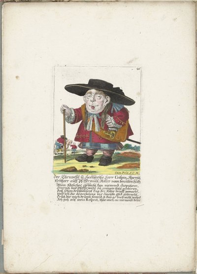 De dwerg Crispin Skarnitz, ca. 1710 Ehrnveste og Hochweiße Herr Crispin, Skarnitz arveherre auff Pfeffermühl, ridder af braitten huth (titel på objekt) Il Callotto resurcitato eller nyindrettet lille kabinet (serietitel) af Martin Engelbrecht (attributed to)