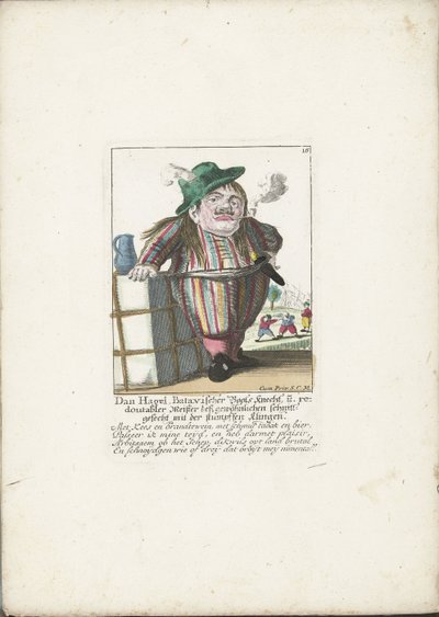 Dwergen Dan Hagel som hollandsk bådfører, omkring 1710 Dan Hagel, batavisk bådsmand og fordoblet mester i den almindelige huggekamp med den stumpe klinge (titel på objektet) Il Callotto resurcitato eller Nyindrettet Dværg Cabi af Martin Engelbrecht (attributed to)