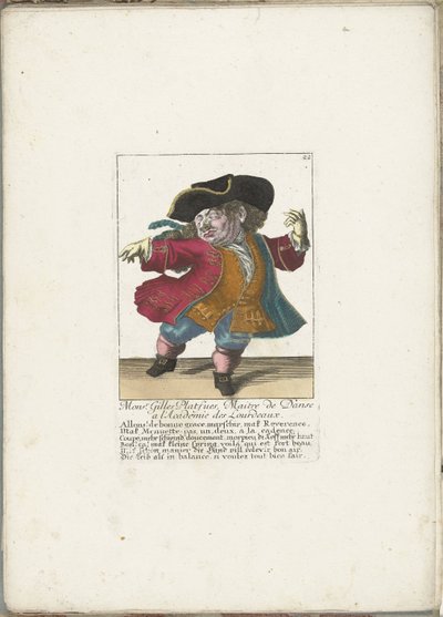Dværgen Gilles Platfues som fransk dansemester, ca. 1710 Mgr. Gilles Platfues, Master of Dance ved Academie des Lourdeaux (titel på objekt) Il Callotto resurcitato eller nyudnævnt Zwerchen-kabinet (serietitel) af Martin Engelbrecht (attributed to)