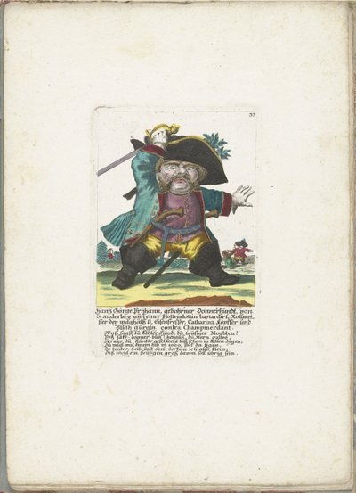 De dwerg Hanss Görge Prijhann som woeste officer, ca. 1710 Hanß Görge Prijhann, født Donnerhundt, fra Scanderbeg fra en Hottendottin bastard Rottmeister den dristige og jernspiser, Catharina, köpffer og Bluth gurgln contra Champmerdant (titel af Martin Engelbrecht (attributed to)