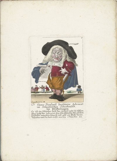 De dwerg Lucas Hirnzwik as een advocaat, ca. 1710 dr Lucas Hirnzwik, berømt advokat i Schwabisk Schnekenfeld, om kantareller (titel på objekt) Il Callotto resurcitato eller nyindrettet lille kabinet (serietitel) af Martin Engelbrecht (attributed to)