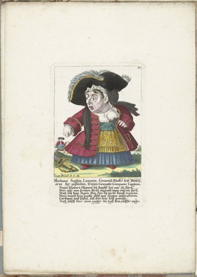 De dwerg Madame Sophia Luxuria, ca. 1710 Madame Sophia Luxuria, General Staabs kropsvaskerinde af det trimmede, gratis Granatir-Companie Capitana (titel på objektet) Il Callotto resurcitato eller nyindrettet lille kabinet (serietitel) af Martin Engelbrecht (attributed to)