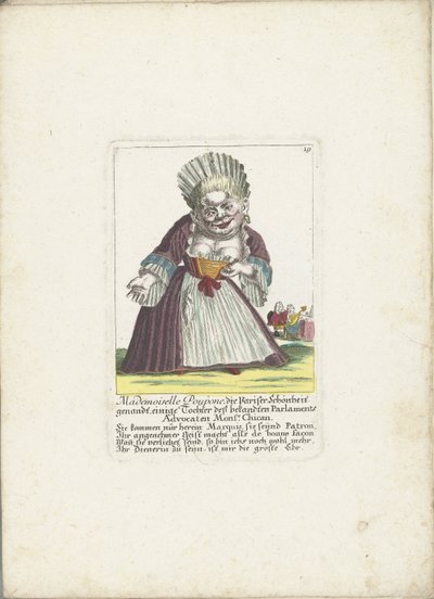 De dwerg Mademoiselle Poupon, som Parijse Schone, ca. 1710 Mademoiselle Poupone, den parisiske skønhed, en eller anden datter af den velkendte parlamentsadvokat Monsr. Chican (titel på objekt) Il Callotto resurcitato eller nyindrettet Zwerchen-hytte af Martin Engelbrecht (attributed to)