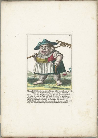 Dværgen Margl Woltzenthoulerin, ca. 1710 Margl Woltzenthoulerin, Mayr-Thirn auff der grossn Olbm im Zillersberg, 12. Jährige Brauth (titel på objekt) Il Callotto resurcitato eller nyudnævnt Zwerchen-kabinet (serietitel) af Martin Engelbrecht (attributed to)