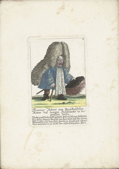 Dwergen Robert von Parukenfeldt, ca. 1710 Monsieur Robert von Parukenfeldt, Ridder af den lange halsduk i Great Galla (titel på objektet) Il Callotto resurcitato eller nyindrettet lille kabinet (serietitel) af Martin Engelbrecht (attributed to)