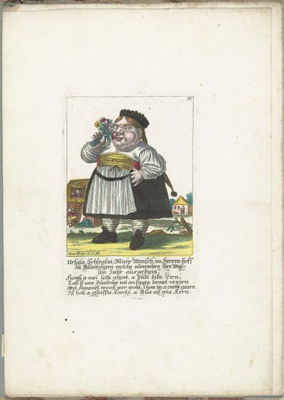 Dwerg Ursula Schleglin, ca. 1710 Ursula Schleglin, Maijr Mensch im Herren hoff zu Bluntzingen, som nu har afsonet sit afkaldsår (titel på objekt) Il Callotto resurcitato eller nyindrettet lille kabinet (serietitel) af Martin Engelbrecht (attributed to)