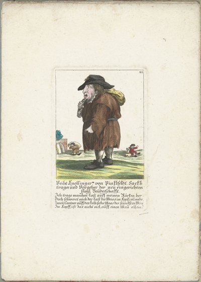 Dwerg Veith Knollinger ved Pinklfeldt, ca. 1710 Veith Knollinger von Pinklfeldt, Baghtrager og forgænger for det nyetablerede Flegl Broderskab (titel på objekt) Il Callotto resurcitato eller nyindrettet lille kabinet (serietitel) af Martin Engelbrecht (attributed to)