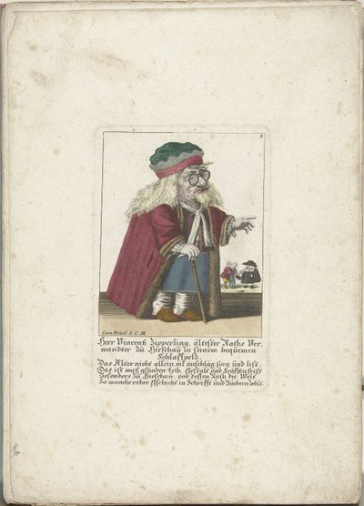 Dwerg Vincentz Zipperling i een bontjas, ca. 1710 Herr Vincentz Zipperling, Raths ældste slægtning i Hirschau, i sin behagelige slappe frakke (titel på objektet) Il Callotto resurcitato eller nyindrettet lille kabinet (serietitel) af Martin Engelbrecht (attributed to)