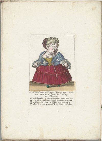 Dwerg als de Franse Mademoiselle Jolicoeur, ca. 1710 Mademoiselle Jolicoeur, danser med sin elsker ved Opera du Village i Provence (titel på objektet) Il Callotto resurcitato oder Neu eingerichtes Zwerchen Cabinet (serietitel) af Martin Engelbrecht (attributed to)