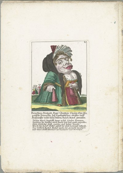 Karikatur af Porzellana Kinkank Porzellana Kinkank, Kuey Chinkim Choâm En mogolsk prinsesse, det lapske land besad Kuchlmeister på øen Deserta Nutsch Moloff, hustru (titel på objektet) Il Callotto resurcitato eller ommøbleret af Martin Engelbrecht (attributed to)