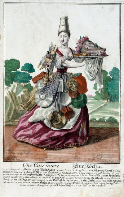 En kok. Stik af Martin Engelbrecht (1684-1756), i "" Ny samling af manouvries habilles"" 1700-tallet, Tyskland. Paris, dekorativ kunst af Martin Engelbrecht