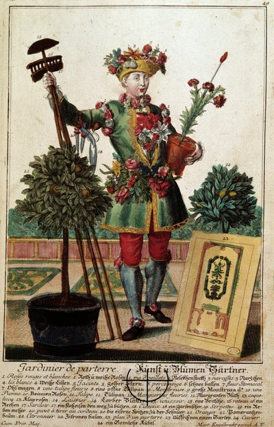 En gartner. Stik af Martin Engelbrecht (1684-1756), i "" Ny samling af manouvries habilles"" 1700-tallet, Tyskland. Paris, dekorativ kunst af Martin Engelbrecht