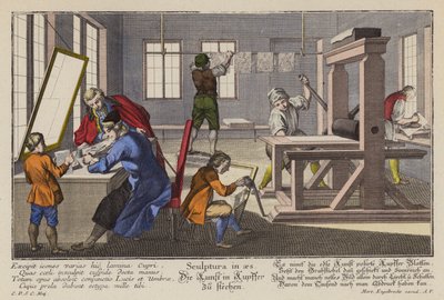 Fremstilling af kobberstik (farvet gravering) af Martin Engelbrecht
