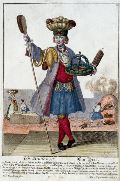Metier: En bager. Stik af Martin Engelbrecht (1684-1756), i "" Ny samling af manouvries habilles"" 1700-tallet, Tyskland. Paris, dekorativ kunst af Martin Engelbrecht