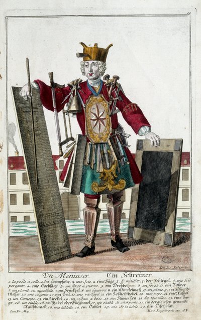 Metier: En tømrer. Stik af Martin Engelbrecht (1684-1756), i "" Ny samling af manouvries habilles"" 1700-tallet, Tyskland. Paris, dekorativ kunst af Martin Engelbrecht