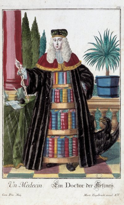 Metier: En læge. Gravering af Martin Engelbrecht (1684-1756), i "New assembly of the manouvries habilles" 18. århundrede, Tyskland. Paris, dekorativ kunst af Martin Engelbrecht