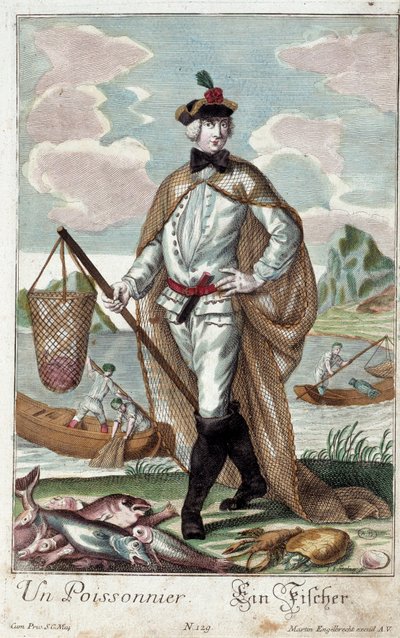 Metier: Et fisketræ. Stik af Martin Engelbrecht (1684-1756), i "" Ny samling af manouvries habilles"" 1700-tallet, Tyskland. Paris, dekorativ kunst af Martin Engelbrecht