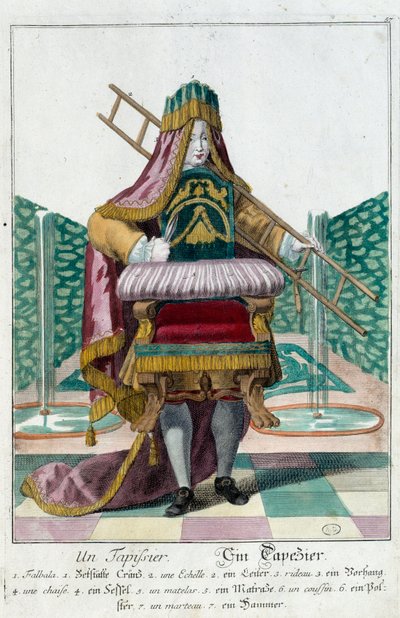 Metier: En polstring. Stik af Martin Engelbrecht (1684-1756), i "" Ny samling af manouvries habilles"" 1700-tallet, Tyskland. Paris, dekorativ kunst af Martin Engelbrecht