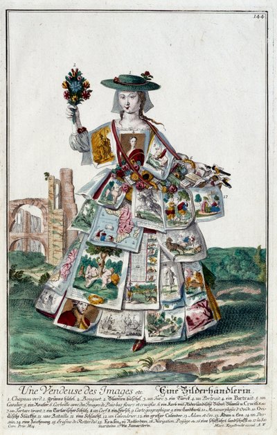 Metier: En billedsælger. Stik af Martin Engelbrecht (1684-1756), i "" Ny samling af manouvries habilles"" 1700-tallet, Tyskland. Paris, dekorativ kunst af Martin Engelbrecht