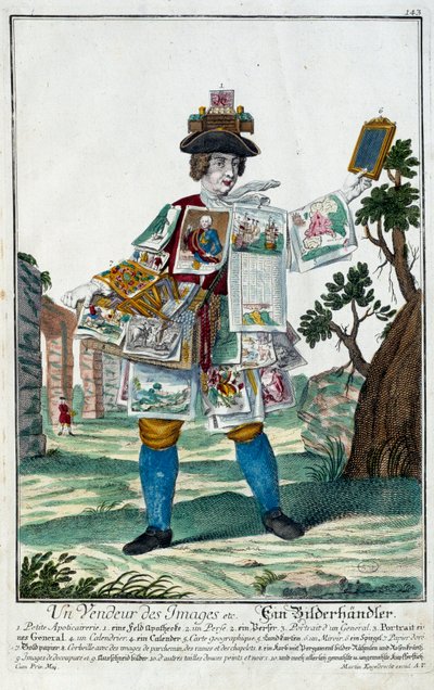 Metier: En billedsælger. Stik af Martin Engelbrecht (1684-1756), i "" Ny samling af manouvries habilles"" 1700-tallet, Tyskland. Paris, dekorativ kunst af Martin Engelbrecht