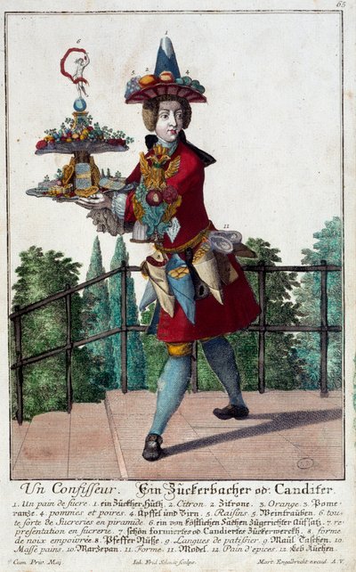 Konditor: en ung mand med en bakke med slik og konfekture. Gravering af Martin Engelbrecht (1684-1756) fra det 18. århundrede. Paris, dekorativ kunst af Martin Engelbrecht