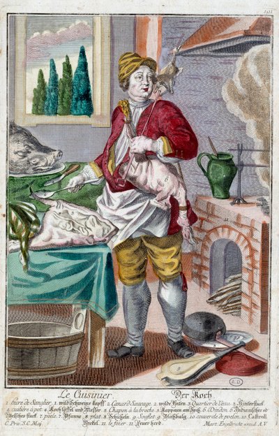 Kokken. Stik af Martin Engelbrecht (1684-1756), i "" Ny samling af manouvries habilles"" 1700-tallet, Tyskland. Paris, dekorativ kunst af Martin Engelbrecht