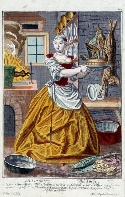 Kokken. Stik af Martin Engelbrecht (1684-1756), i "" Ny samling af manouvries habilles"" 1700-tallet, Tyskland. Paris, dekorativ kunst af Martin Engelbrecht