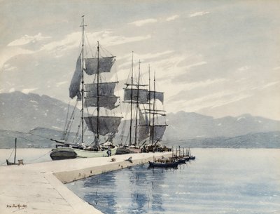 Sejlskibe ved en kajkant (akvarel på papir) af Martin Hardie
