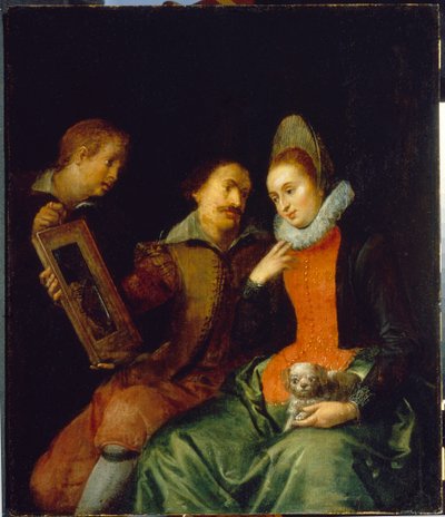 Allegori om synet. En ung kvinde, der bærer en lille hund, ser på sig selv i et spejl, der holdes af en mand og en teenager, som ser opmærksomt på hende. Maleri af Marten Pepyn (Pepin) (1575-1643), olie på lærred, begyndelsen af ​​1600-tallet, flamsk kunst af Martin Pepyn or Pepin