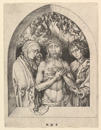 Kristus som sorgens mand med jomfruen og Johannes, ca. 1435-1491. af Martin Schongauer