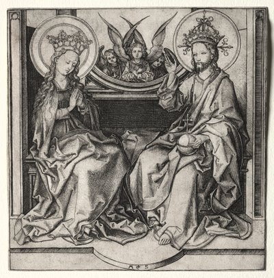 Gud Faderen og den velsignede jomfru på tronen overværet af engle, ca. 1480-90. af Martin Schongauer