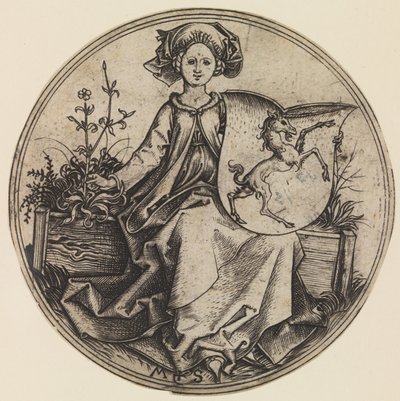 Siddende dame holder et skjold med en enhjørning, ca. 1435-1491., ca. 1435-1491. af Martin Schongauer