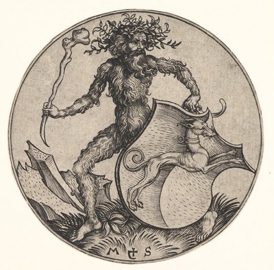 Skjold med Greyhound Holdt af Wild Man, ca. 1435-1491. af Martin Schongauer