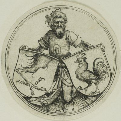 Skjold med en gribbefod og skjold med en pik holdt af en maurer af Martin Schongauer