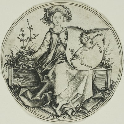 Skjold med en enhjørning, holdt af en dame af Martin Schongauer
